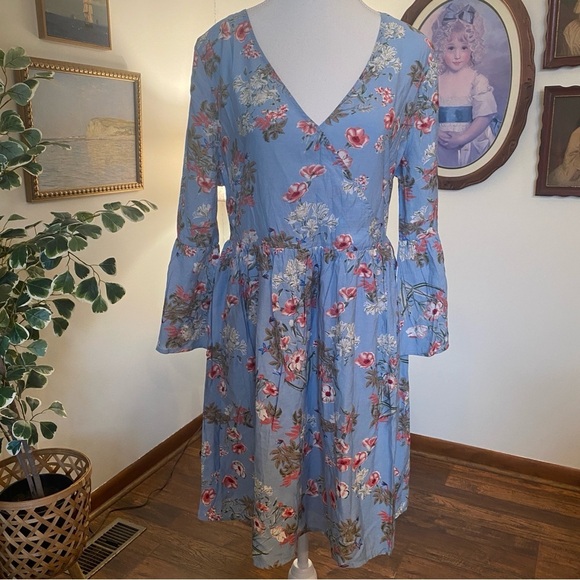 Kori Dresses & Skirts - Kori America • Boutique Blue Floral Bell Sleeve Boho Prairie Dress • Size M NWT